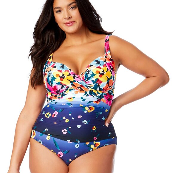 Anne Cole Plus Gradient Floral Underwire Surplice One-Piece Swimsuit | Size 14 | - Picture 3 of 4